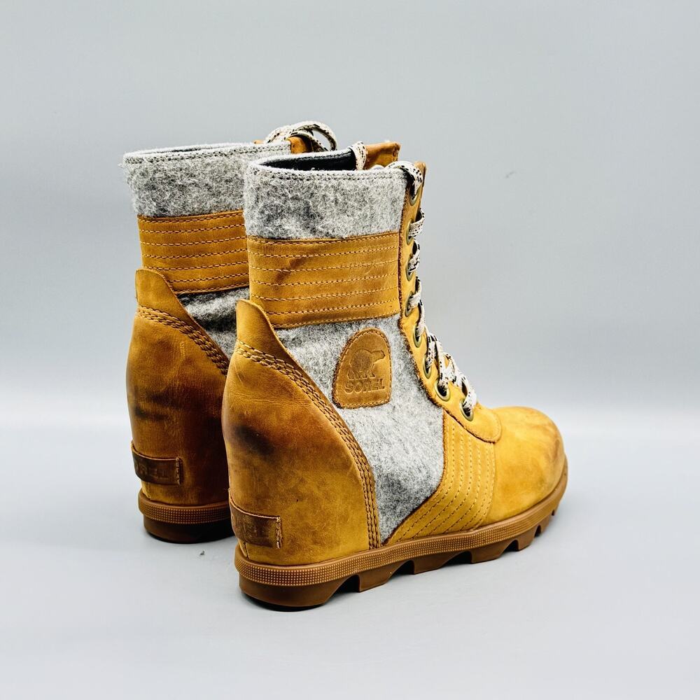 Sorel Boots Womens 7.5 Brown Gray Leather Lexie Lace Up Wedge Round Toe Booties - Picture 9 of 13